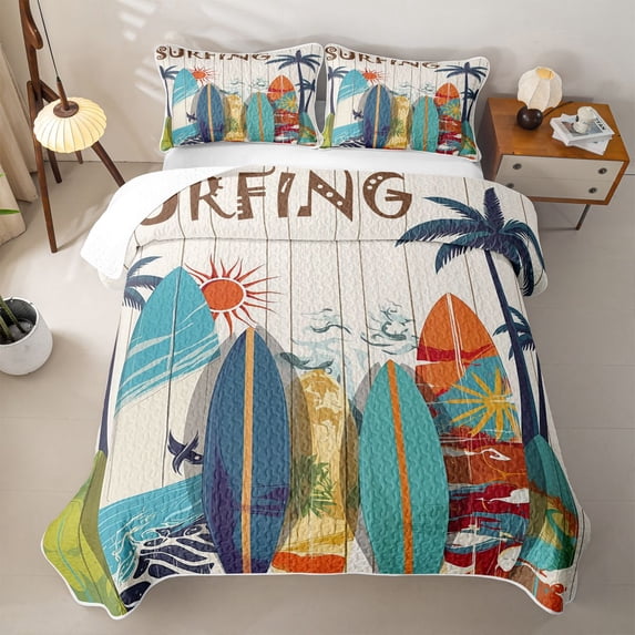 Erosebridal Retro Surfboard Twin Quilt Set for Boys Men, Tropical Palm Print Twin Coverlet Set, Orange Teal, 2-Piece