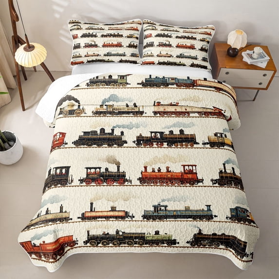 Erosebridal Retro Train Bed Spread Queen,Antique Railroad Queen Coverlet Set For Boys,3pcs