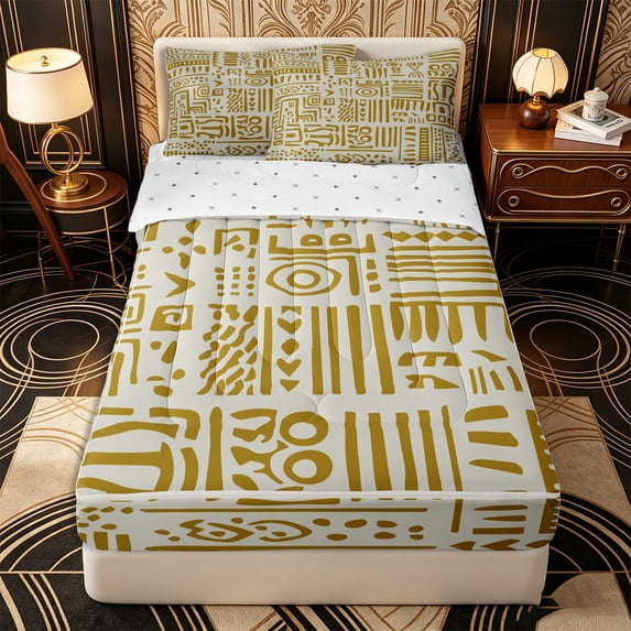 Erosebridal Retro Tribal Pattern Zipper Full Size Comforter Sets with Fitted Sheet and 2 Pillowcases,Abstract Mark Print Zipper Bedding Set,Green Yellow,Reversible