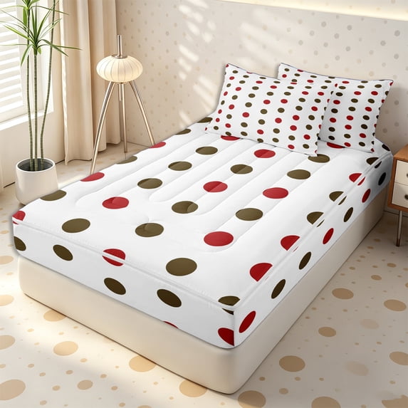 Erosebridal Retro Two-Tone Dot Pattern Zipper Twin Comforter Sets with Fitted Sheet and 2 Pillowcases,Mixed Brown Red Circle Zipper Bedding Set,Ivory Maroon,4-Piece,Reversible