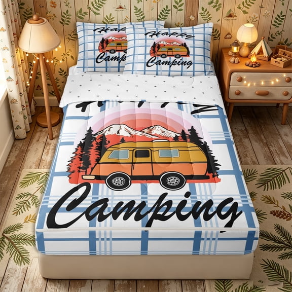 Erosebridal Retro Vibe Camper Van Pattern Zipper Queen Comforter Set with Fitted Sheet and 2 Pillowcases,Geometric Grid Zipper Bedding Set,Blue Orange White,Reversible