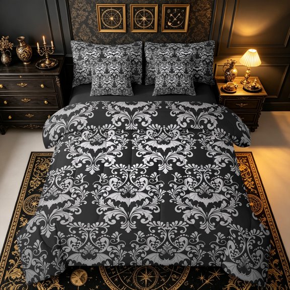 Erosebridal Retro Western Crow Full Size Bedding Sets, Damask Flower Full Size Bed in a Bag, Gray Black, Black Reversible, 7 Pieces