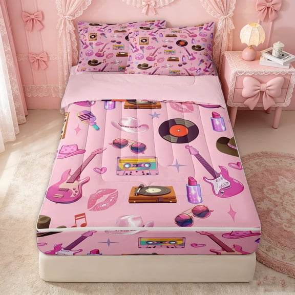 Erosebridal Retro Western Guitar Zipper Twin Comforter Sets with Fitted Sheet and 2 Pillowcases for Girls, Disco Ball Music Zipper Bedding Set, Pink Reversible, 4pcs