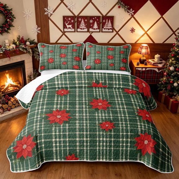 Erosebridal Retro Western Plaid Twin Quilt Set, Poinsettia Flower Twin Coverlet Set, Dark Green, 2-Piece, 1 Bedspread and 1 Pillowcase