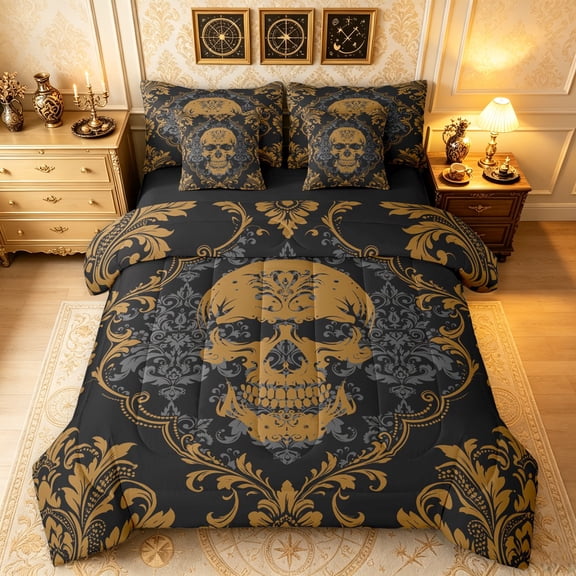 Erosebridal Retro Western Skull Twin Bedding, Mandala Damask Bedding Comforter Set, Black Brown, Black Reversible, 7pcs