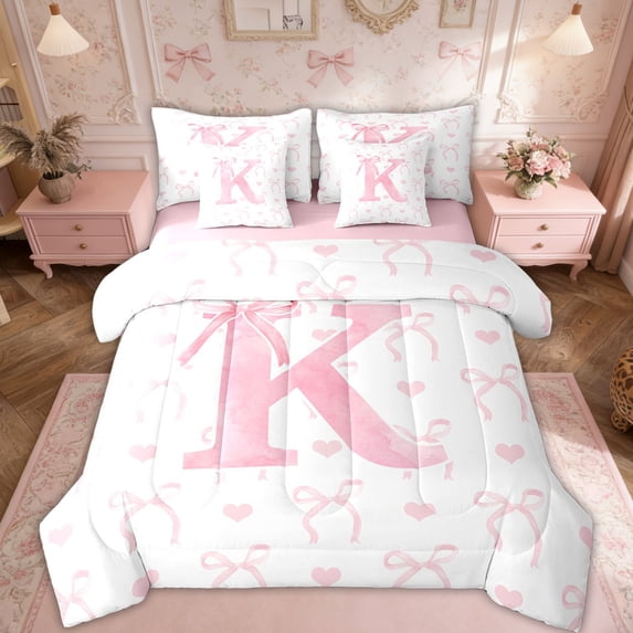 Erosebridal Pink Bow Bedding Sets Full Size, Initial Letter K Comforter Sets with Sheets, Princess Bowknot Decor, Reversible 7 Pieces