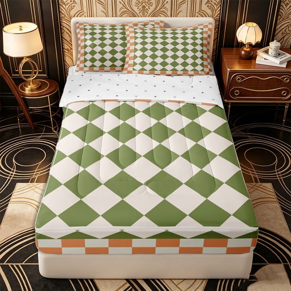 Erosebridal Rhombus Check Pattern Zipper Queen Comforter Set with Fitted Sheet and 2 Pillowcases,Square Border Print Zipper Bedding Set,Olive Green Orange,Reversible