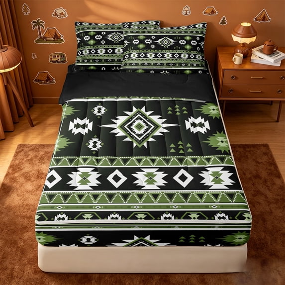 Erosebridal Rhombus Geometric Print Zipper Queen Comforter Set with Fitted Sheet and 2 Pillowcases,Western Aztec Zipper Bedding Set For Boys,Black Reversible,4 Pieces