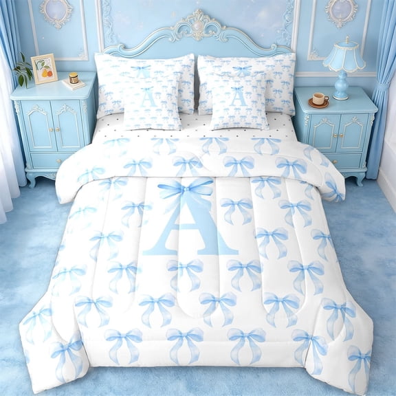 Erosebridal Ribbon Bow 7-Piece Twin Bedding Sets For Girls,Blue Bowknot Letter A Initial Bedding Comforter Set,Reversible