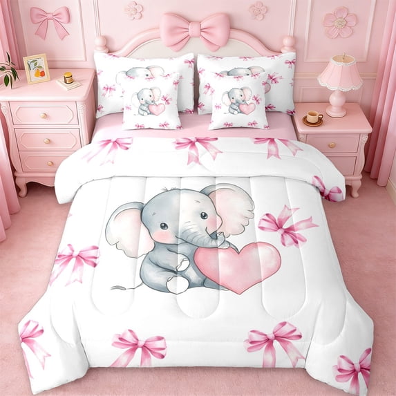 Erosebridal Ribbon Bow 7-Piece Twin Bedding Sets For Girls,Cartoon Animal Elephant Bedding Comforter Set For Kids,Pink Reversible