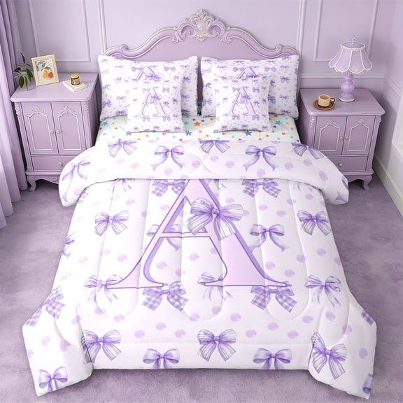 Erosebridal Ribbon Bow 7-Piece Twin Bedding Sets For Girls,Purple Letter A Initial Bedding Comforter Set,Colorful Stars Reversible