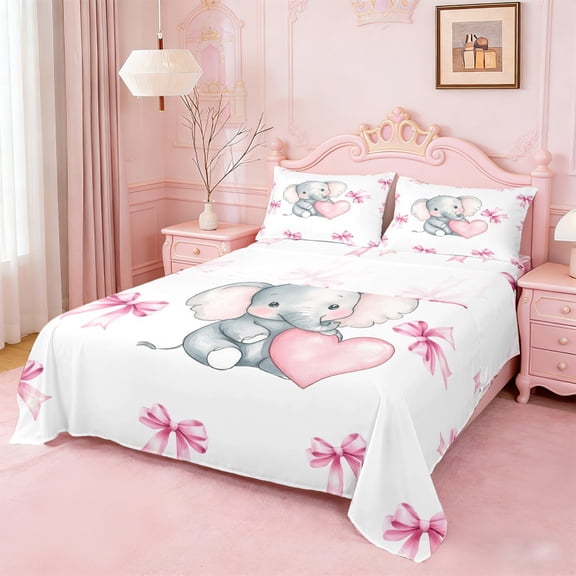 Erosebridal Ribbon Bow Bed Sheets For Girls,Cartoon Animal Elephant King Sheets For Kids 4-Piece