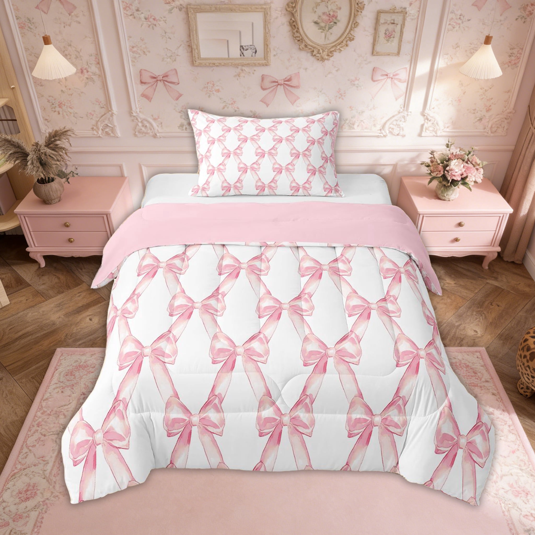 Erosebridal Ribbon Bow Bedding Set Teen Women,Pink Girly Bowknot Bedding Comforter Sets Twin Cute Fantasy Princess Comforter Set Kawaii Bow Tie Bed Duvet Set 1 Pillow Case
