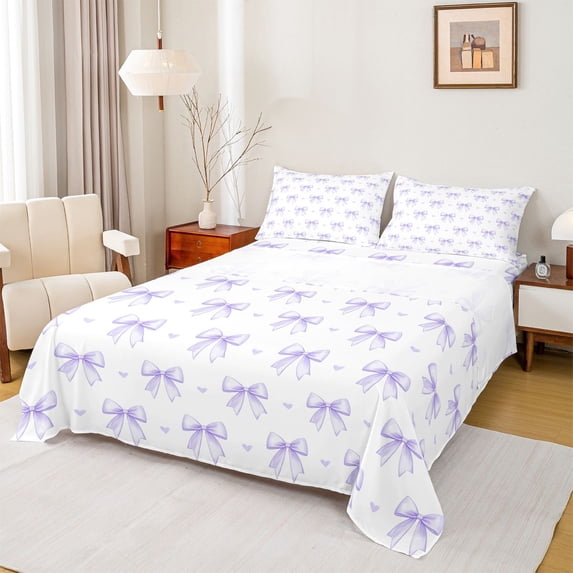 Erosebridal Ribbon Bow Full Size Sheets For Girls Teens,Girly Bowknot Bed Sheets,White Purple 4pcs