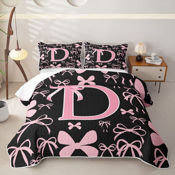 Erosebridal Ribbon Bow Knot D Personalized Initial Twin Quilt Set,Black Pink Bow Tie Twin Coverlet Set