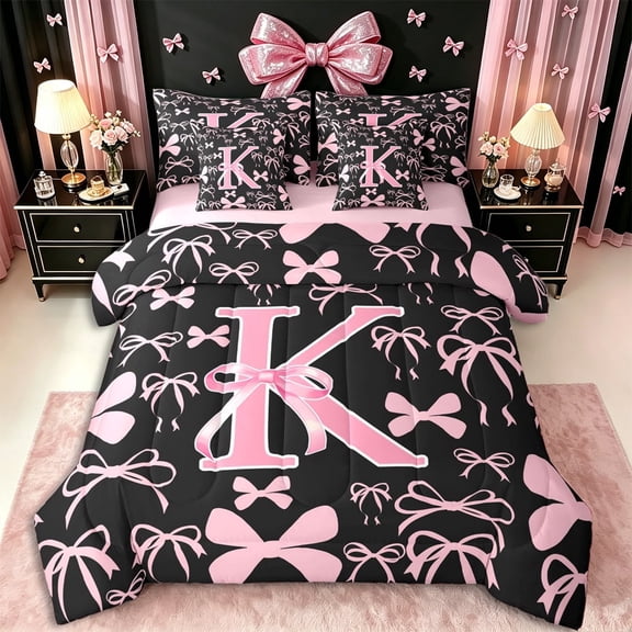 Erosebridal Ribbon Bow Knot K Personalized Initial Twin Bedding Sets 7-Piece,Black Pink Bow Tie Bedding Comforter Set,Pink Reversible,Lightweight Room Decor