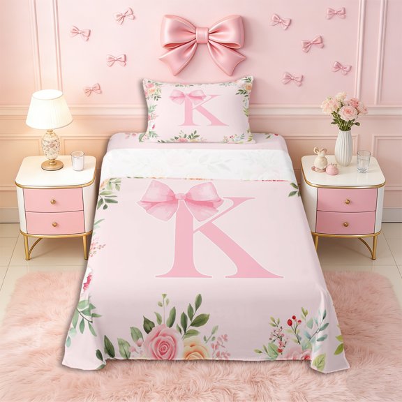 Erosebridal Ribbon Bow Knot K Personalized Initial Twin Sheet Sets 3pcs,Floral Roses Bowtie Alphabet Bedding,Microfiber Bedroom Decor