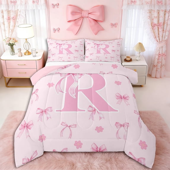 Erosebridal Ribbon Bow Knot R Personalized Initial Queen Comforter Set 3pcs,Floral Cherry Blossoms Bedding Comforter Set,Pink Reversible,Microfiber Bedroom Decor