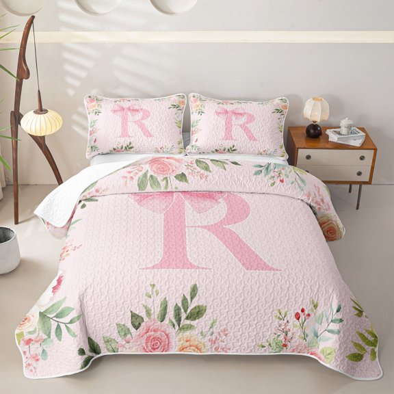 Erosebridal Ribbon Bow Knot R Personalized Initial Quilt Full,Floral Roses Bowtie Alphabet Full Bedspread Sets