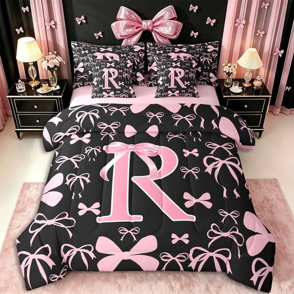 Erosebridal Ribbon Bow Knot R Personalized Initial Twin Bedding Sets 7-Piece,Black Pink Bow Tie Bedding Comforter Set,Pink Reversible,Microfiber Bedroom Decor