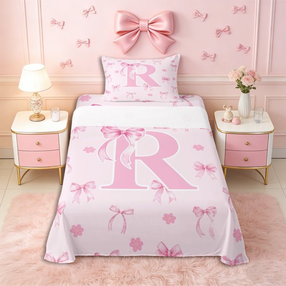 Erosebridal Ribbon Bow Knot R Personalized Initial Twin Sheet Sets 3pcs,Floral Cherry Blossoms Bedding,Microfiber Bedroom Decor