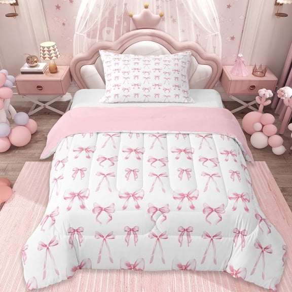 Erosebridal Ribbon Bow Knot Twin Comforter Sets,Light Pink Cute Bowtie Bedding Set For Bowknot Lovers, Reversible 2 Pieces