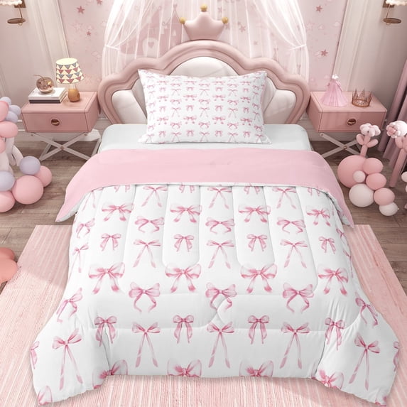 Erosebridal Ribbon Bow Knot Twin Comforter Sets,Light Pink Cute Bowtie Bedding Set For Bowknot Lovers, Reversible 2 Pieces