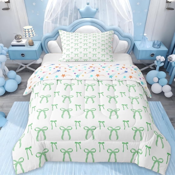 Erosebridal Ribbon Bow Twin Comforter Sets For Girls Teens,Cartoon Girly Bowknot Bedding Set,Green White, Reversible 2pcs