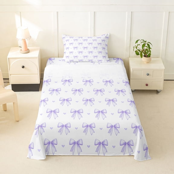 Erosebridal Ribbon Bow Twin Sheet Sets For Girls Teens,Girly Bowknot Bedding,White Purple 3 Pieces