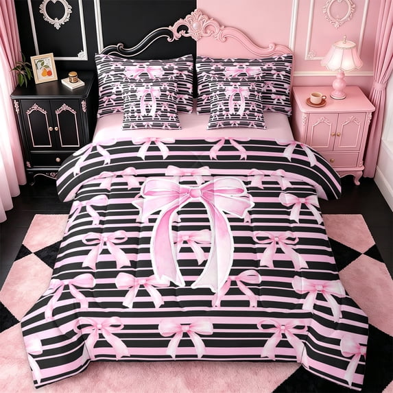 Erosebridal Ribbon Bowknot 7pcs Bedding Comforter Set For Kids,Pink Coquette Bow Queen Bedding Sets For Girls,Pink Reversible