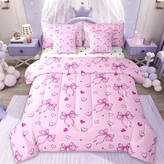 Erosebridal Ribbon Bows Girls 7 Pieces Bedding Comforter Set,Pink Cute Loves Full Bedding Set For Kids,Reversible