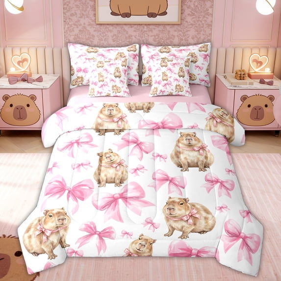 Erosebridal Ribbon Capybara Kid Bedding Comforter Set, Princess Bow Queen Bedding Sets, Pink Reversible, 7 Pieces