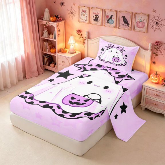 Erosebridal Ribbon Ghost Twin Sheets, Halloween Pumpkin Bedding, Plum, Pink Reversible, 3pcs, 1 Flat Sheet, 1 Fitted Sheet and 1 Pillowcase