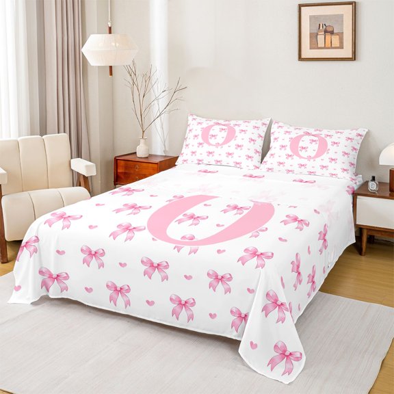 Erosebridal Ribbon Initial O Letter Full Size Sheets, Cartoon Love Heart Bed Sheets for Girls, 4-Piece