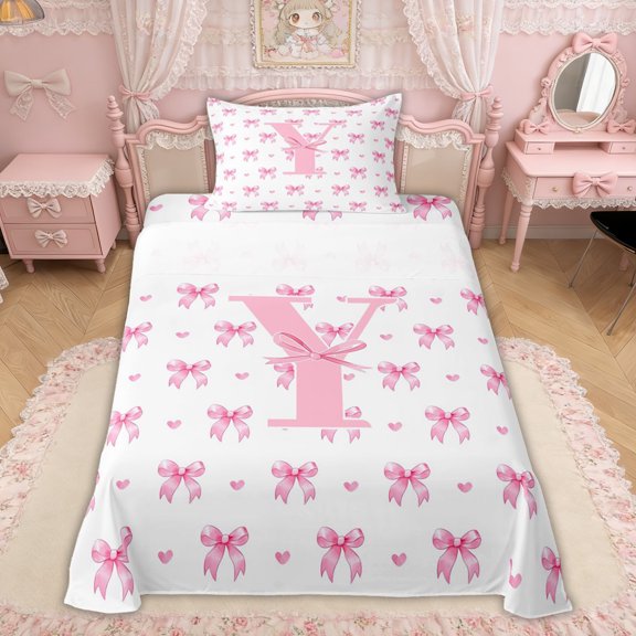 Erosebridal Ribbon Initial Y Letter Twin Sheet Sets, Cartoon Love Heart Bedding for Girls, 3pcs