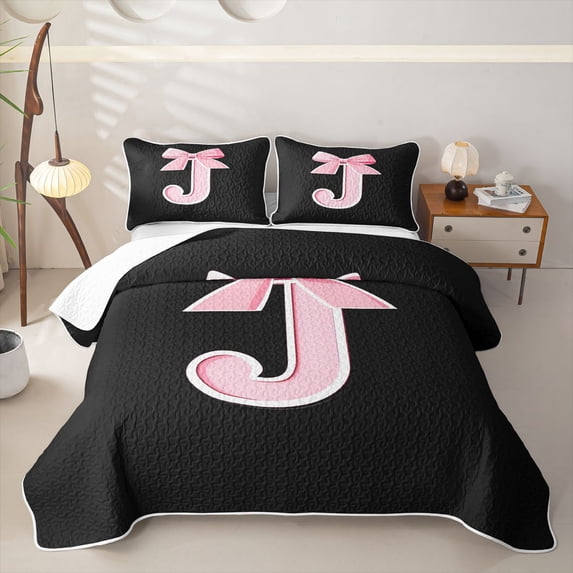 Erosebridal Ribbon J Letter Bed Spread Queen for Girls, Fashion Bow Monogram Queen Coverlet Set, 3-Piece