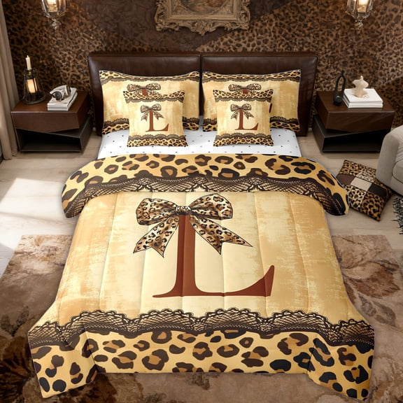 Erosebridal Ribbon L Letter Kids Twin Bedding Sets, Fashion Leopard Print Bedding Comforter Set, 7 Pieces