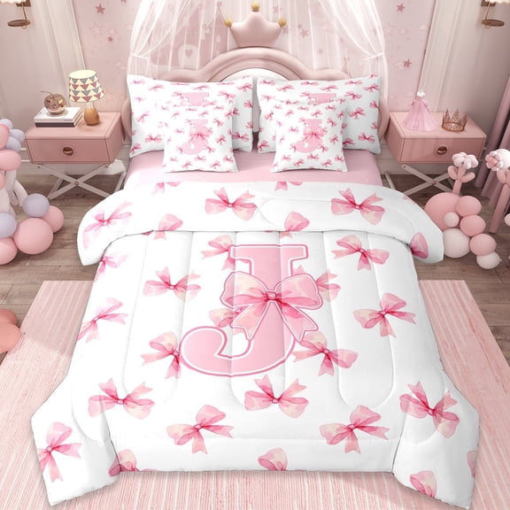 Erosebridal Ribbon Princess Bowknot 7-Piece Twin Bedding Sets,First Letter J Bedding Comforter Set For Girly,Reversible