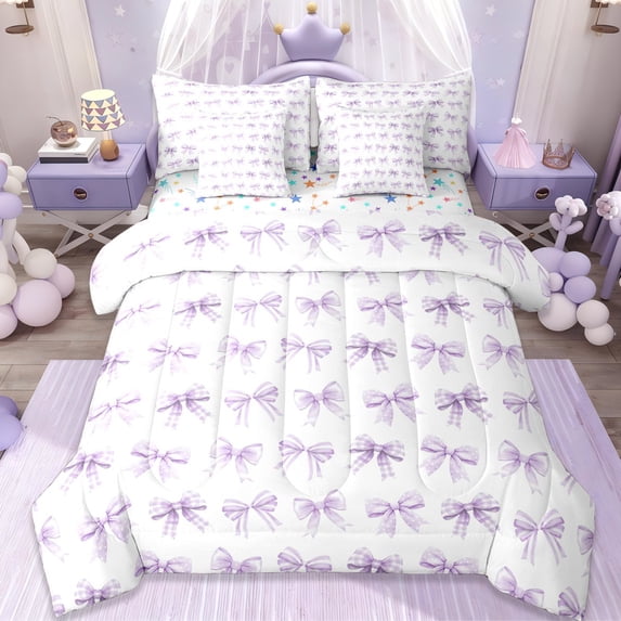 Erosebridal Ribbon Purple Bowknot 7 Pieces Bedding Comforter Set For Girls,Cute Bows Kawaii Bowtie Full Bedding Set,Reversible