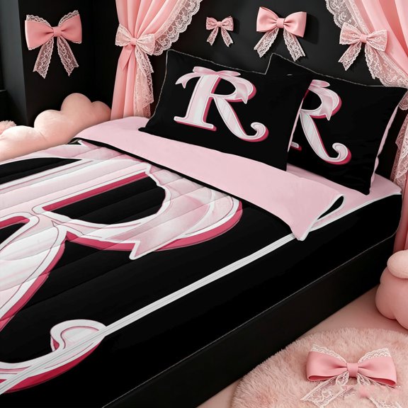 Erosebridal Ribbon R Letter Zipper Queen Comforter Set with Fitted Sheet and 2 Pillowcases for Girls, Fashion Bow Monogram Zipper Bedding Set, Pink Reversible, 4pcs