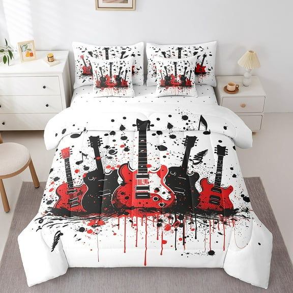 Erosebridal Rock Guitar Bed in a Bag Twin size, Pop Music Bed Set, Splash Watercolor Decor, 7pcs
