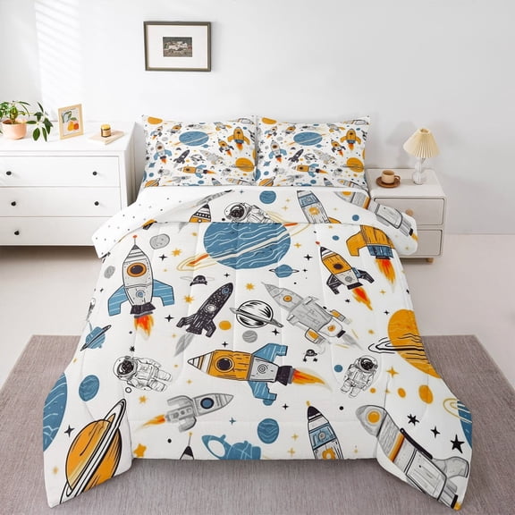 Erosebridal Rocket Astronaut Bedding Twin Comforter Set, Outer Space Bedding Sets Twin with Comforter, Mystic Planet Reversible Down Comforter, Microfiber Bedroom Decor, 2-Piece