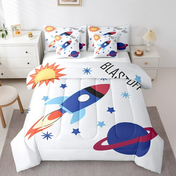 Erosebridal Rocket Bedding Twin Size,Planet Comforter Sets With Sheets,Blue White Stars Bedding Sets Twin Size, Microfiber Room Decor,7Pcs