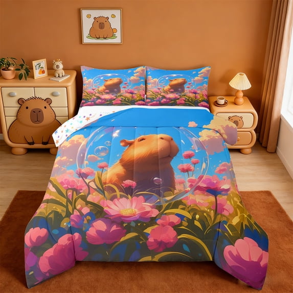 Erosebridal Rodent Animal Capybara Full Size Comforter Sets,Rustic Flowers Pink Floral Bedding Sets For Girls Kids Reversible 3pcs