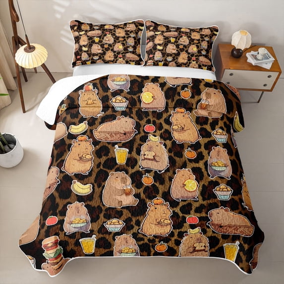 Erosebridal Rodent Animal Capybara Twin Quilt Set,Brown Cheetah Pattern Twin Coverlet Set For Girls Kids,2 Pieces