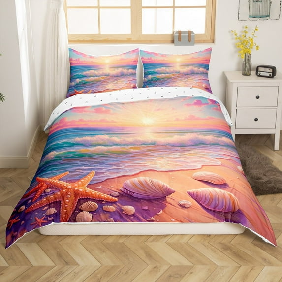 Erosebridal Romantic Beach Comforter Cover King, Pink Ocean Bedding King Size, Sunset Bedroom Decor, Reversible 3-Piece(No Comforter)