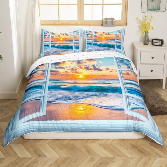 Erosebridal Romantic Beach Comforter Cover, Coastal Marine Bedding, Sunset Bedroom Decor, Reversible(No Comforter)