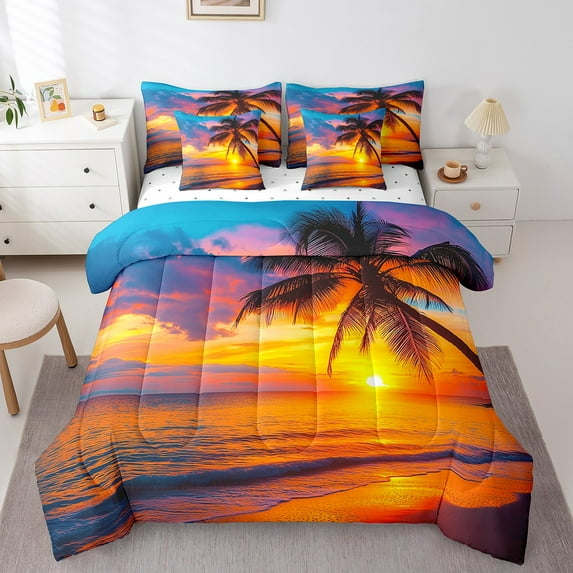 Erosebridal Romantic Beach Sunset Bedding Sets Full Size, Coastal Palm Tree Comforter Sets with Sheets, Ocean Room Decorative Lightweight 7pcs