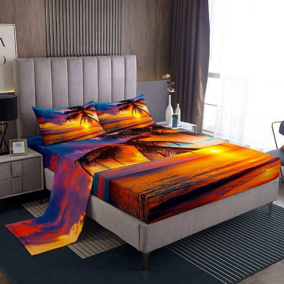 Erosebridal Romantic Beach Sunset King Sheet Sets, Coastal Palm Tree Bedding King Size, Ocean Room Decorative 4pcs