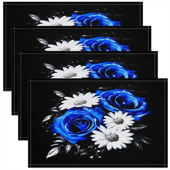 Erosebridal Romantic Blue Rose Placemats Set of 4, Daisy Floral Table Mats for Dining Table Set of 4, Botanical Flower Decor
